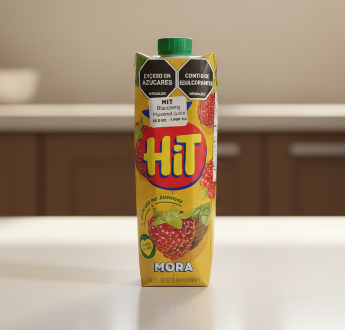 Yellow juice carton with blackberry flavor label on a white background