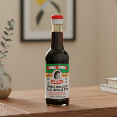 Bottle of Hong Kong Maiden Chinese Soya Sauce on a white background