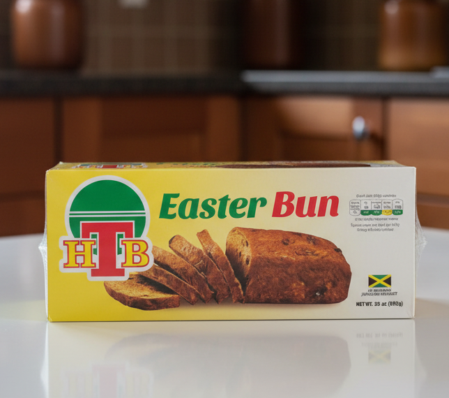 Box of Easter Bun with HTB branding on a white background