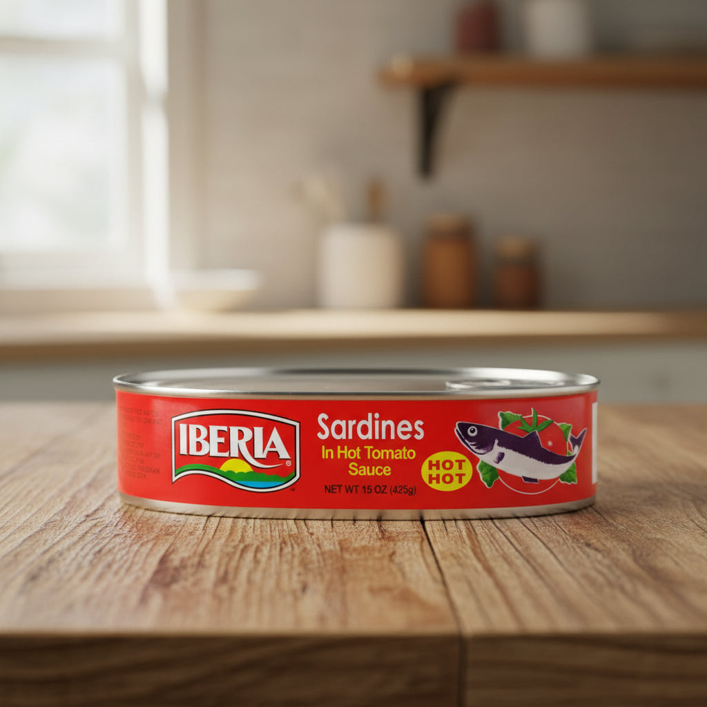 Can of Iberia Sardines in Hot Tomato Sauce on a white background