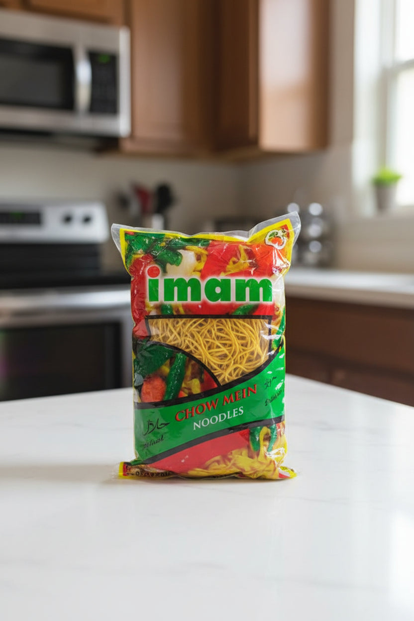 Packaged noodles with 'mam' branding on a store shelf.