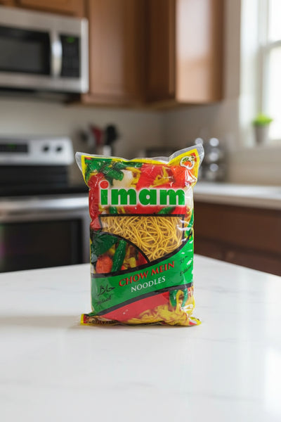 Packaged noodles with 'mam' branding on a store shelf.