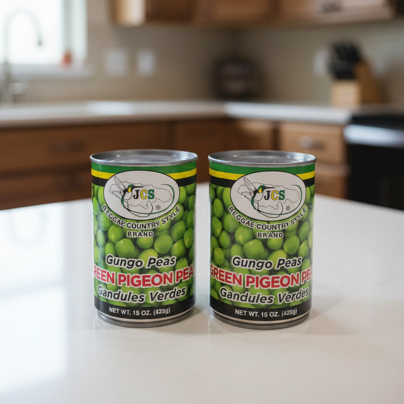 Cans of Goya green pigeon peas and other products on a shelf with a price tag.