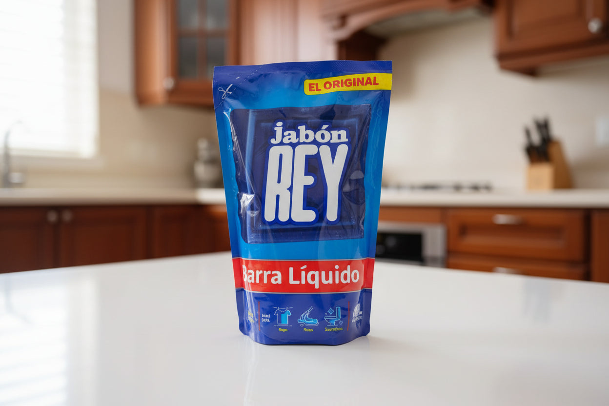 Jabon Rey soap package on a desk with a computer in the background