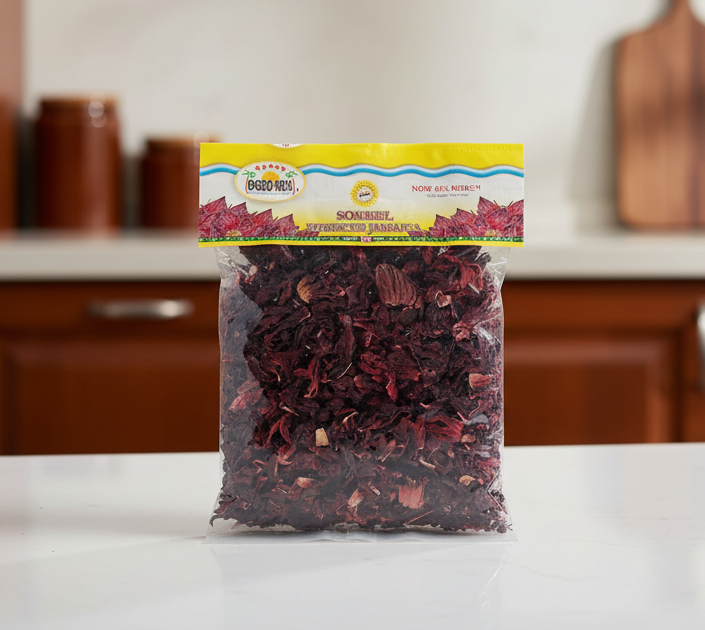 Packaged dried hibiscus flowers with Ocho Rico branding on a white background