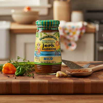 Jar of Walkerswood Traditional Jamaican jerk seasoning on a white background
