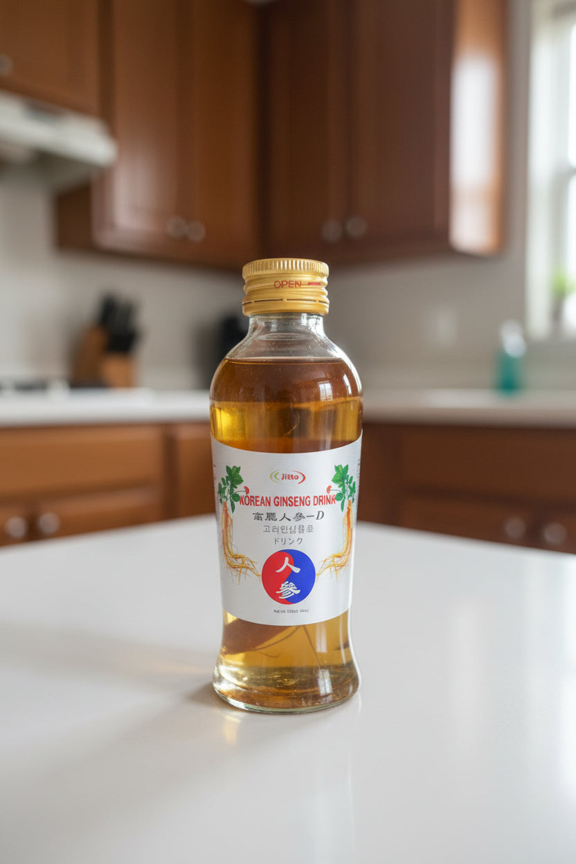 Hand holding a bottle of Korean ginseng drink with a blurred background