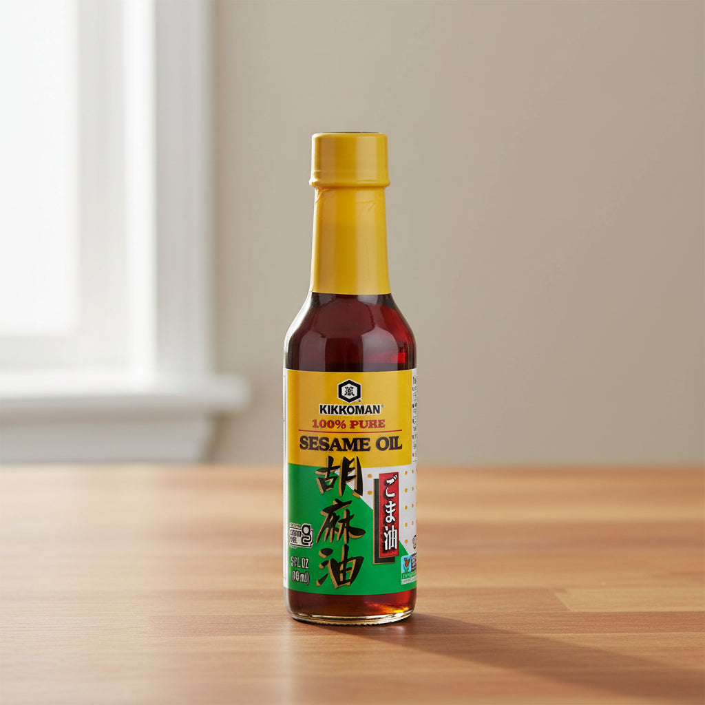 Bottle of Kikkoman sesame oil on a white background