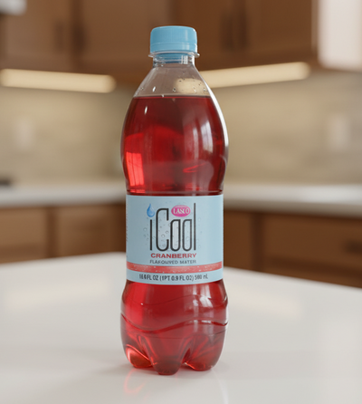Bottle of Laysco iCool Cranberry Flavoured Water on a white background
