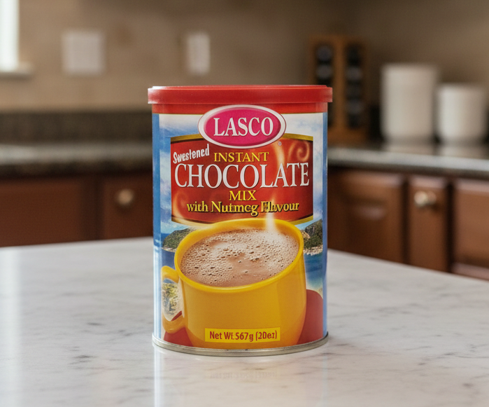 Can of Lasco Sweetened Instant Chocolate Mix with Nutmeg Flavour on a white background