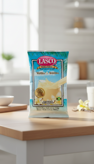 Lasco Vanilla soy food drink package with a blue background