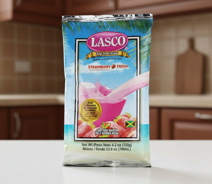 Lasco strawberry flavored soy food drink package on a white background