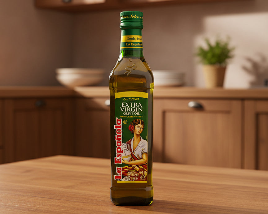 Bottle of La Espanola Extra Virgin Olive Oil on a white background