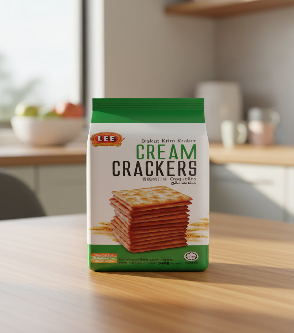 Packaging of Lee Cream Crackers with a stack of crackers on a white background