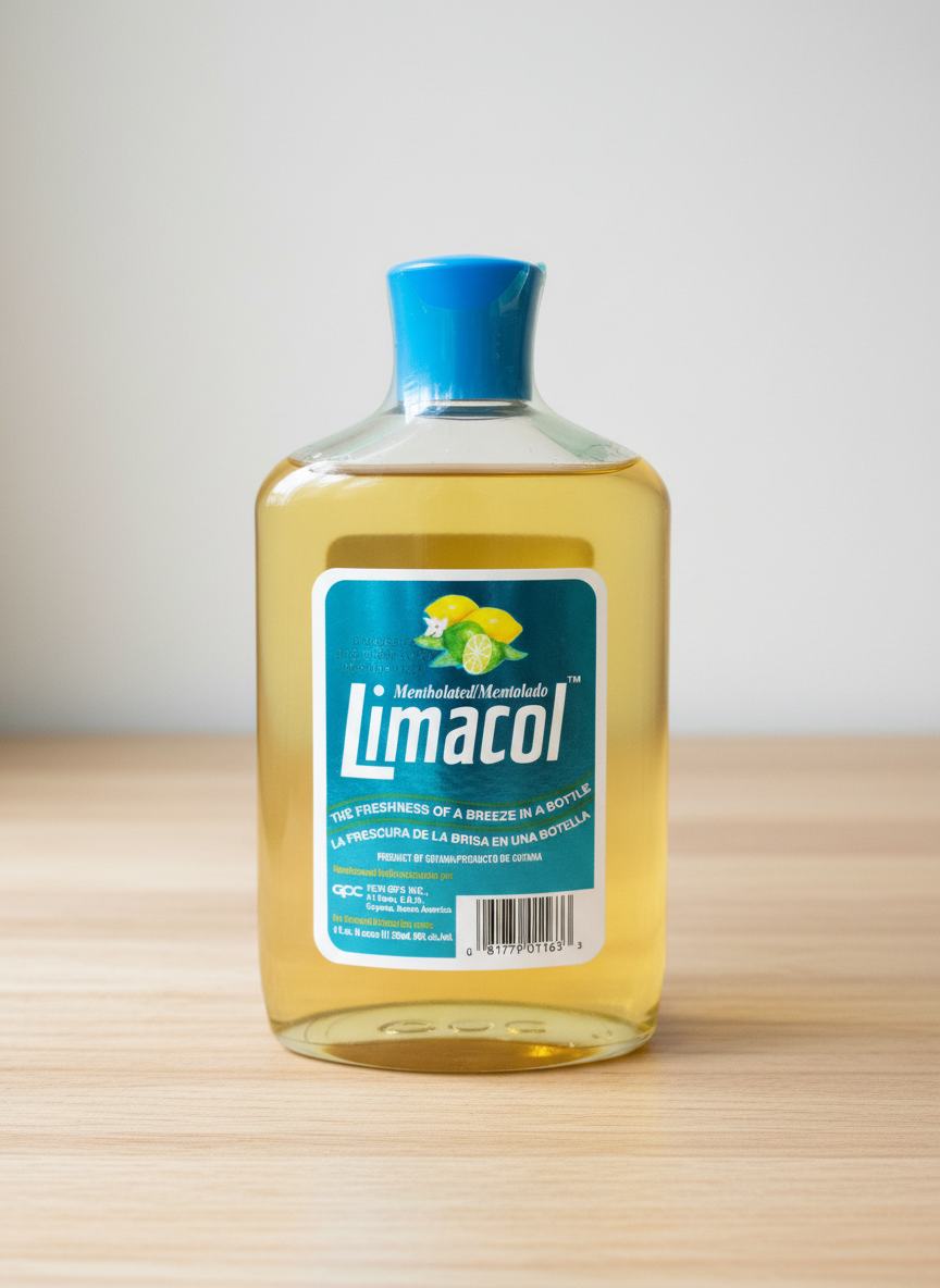 Limacol bottle with blue cap and label on a white background