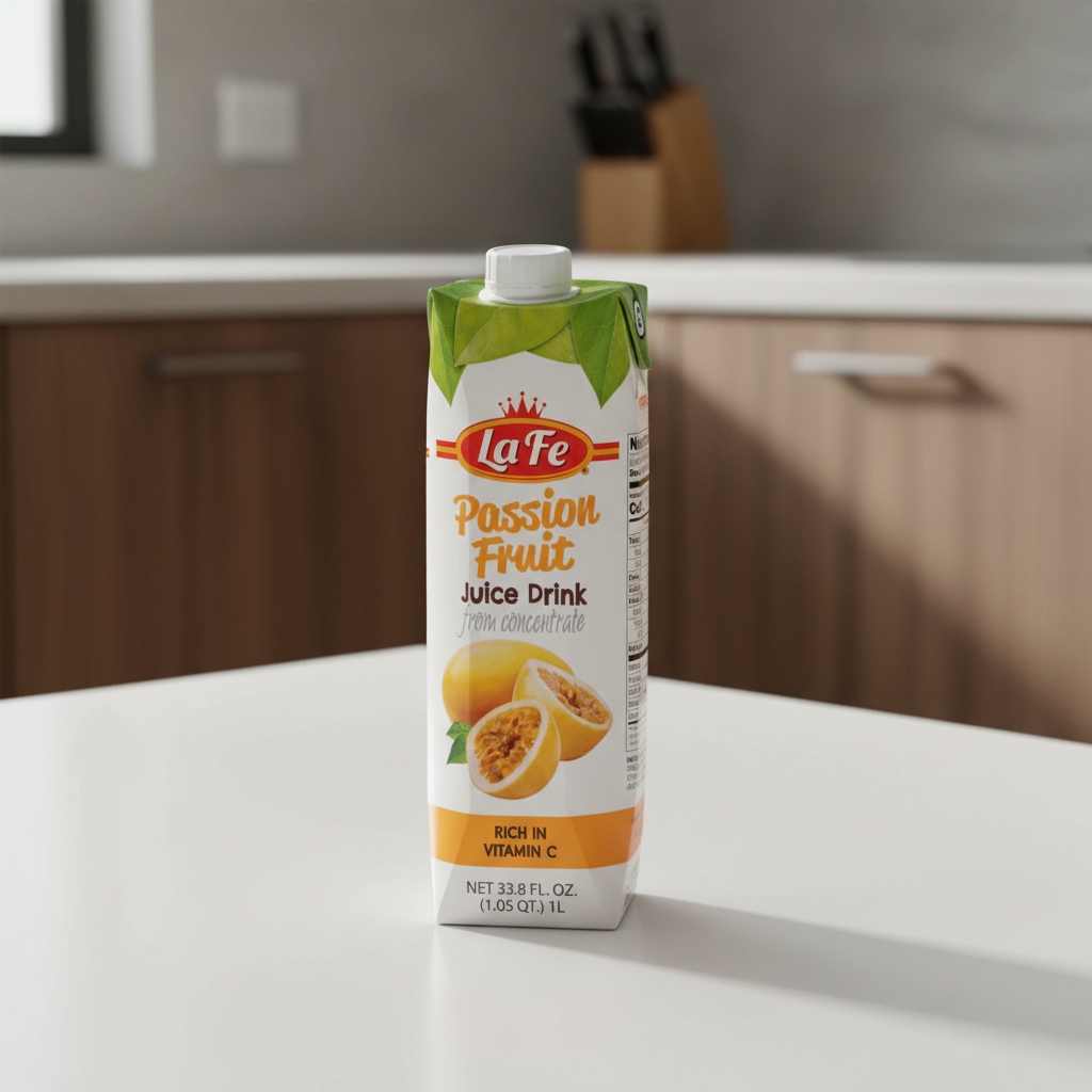 La Fe Passion Fruit Juice Drink carton on a white background