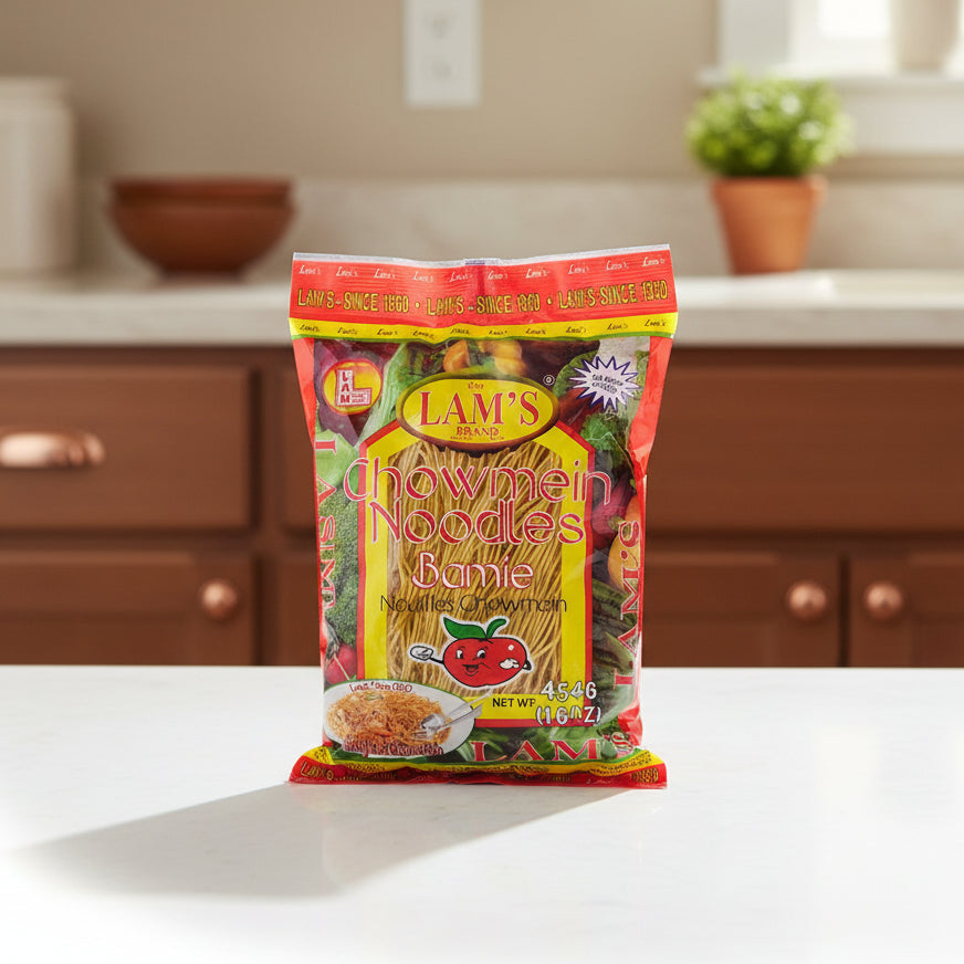 Packaging of Lam's Brand Chow Mein Noodles on a white background