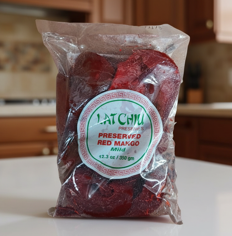 Bag of preserved red mangoes with a 'Quince' brand label on a white background