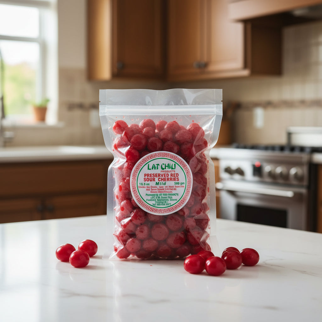 A clear plastic bag of LAT CHIU Preserved Red Sour Cherries, showing the bright red cherries inside and a round green and red brand label on the front, set against a plain white background.