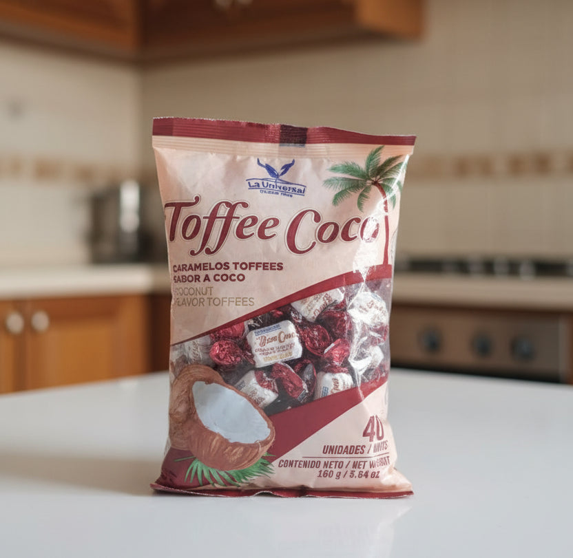 Package of Coffee Coco with red and white design on a gray floor.