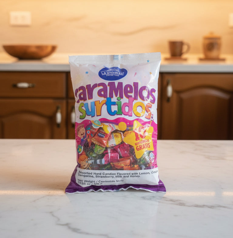 Bag of 'Garamelos Sortidos' candy with colorful text on a white background