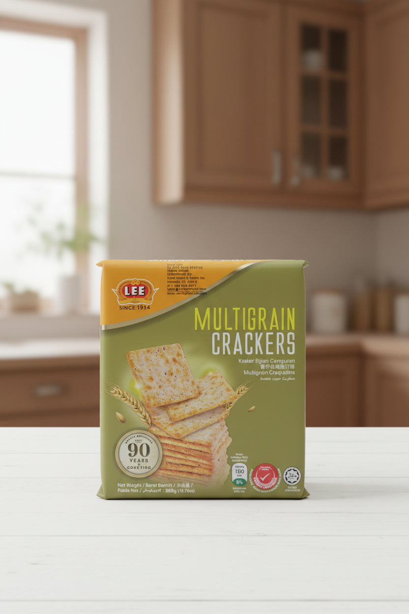 Box of Lee Multigrain Crackers on a shelf with a price tag.