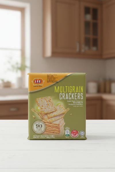 Box of Lee Multigrain Crackers on a shelf with a price tag.