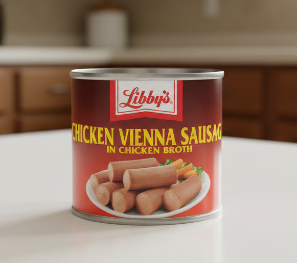 Can of Libby's Chicken Vienna Sausage with a red label and silver lid.