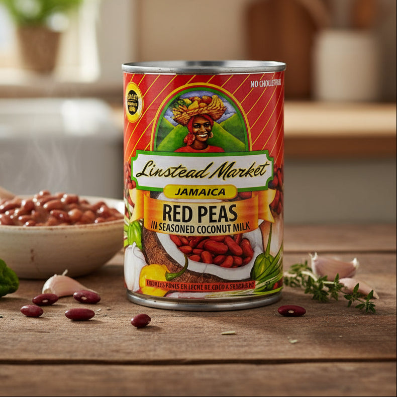 Can of Linstead Market Jamaica Red Peas in Seasoned Coconut Milk with colorful label