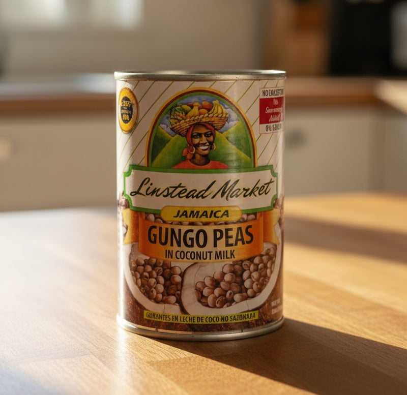 Can of Linstead Market Jamaica Gungo Peas in Coconut Milk with branding and product details.