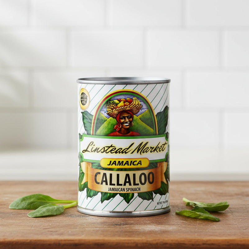 Can of Linstead Market Jamaica Callaloo with a colorful label featuring a person and plants.
