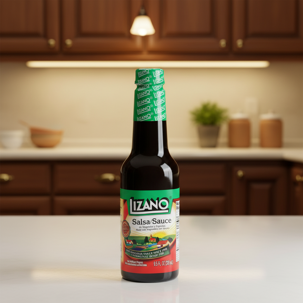 Bottle of Lizano Salsa Sauce on a white background