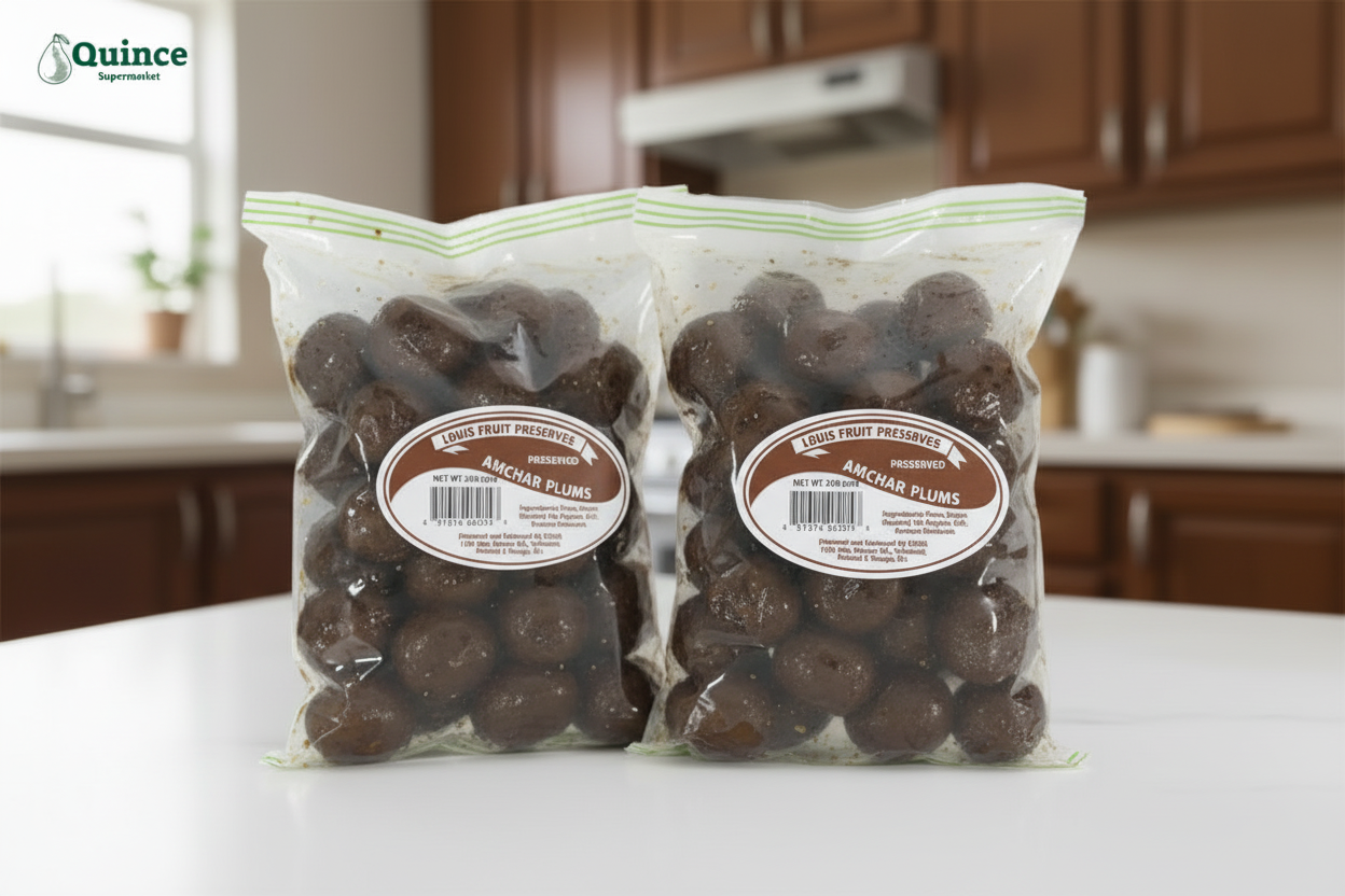 Bag of preserved amchar plums with a visible label on a white background