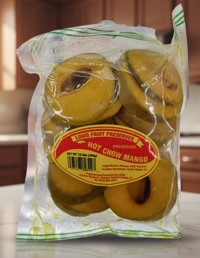 Packaged hot chow mangoes with a visible label on a white background