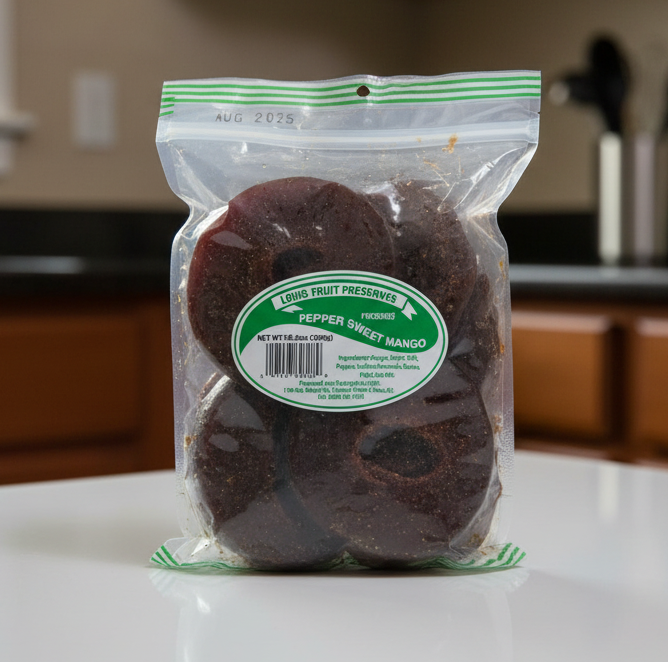 Packaged quince slices with a green label on a white background