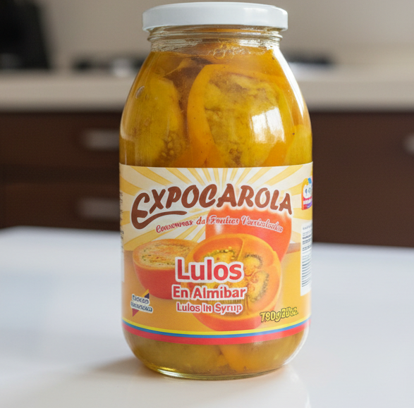 Jar of Lulos in syrup with 'Expocarola' branding on a white background