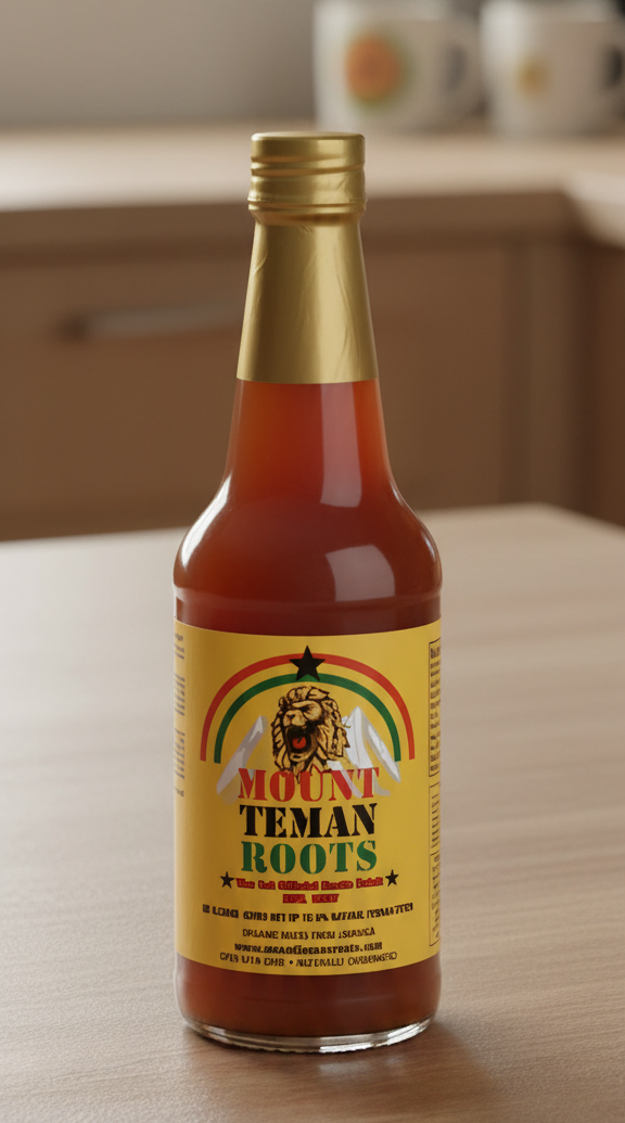 Bottle of Mount Teman Roots with a gold cap on a white background