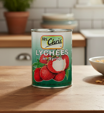 Can of Mrs. Chris Lychees in Syrup on a white background
