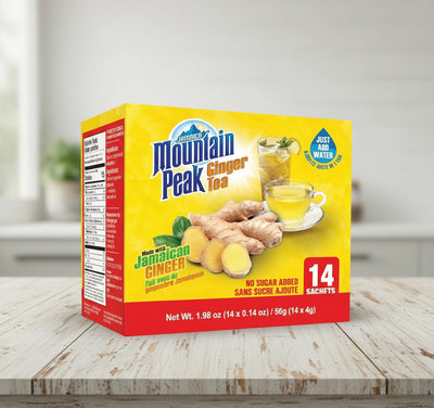 Box of Mountain Peak Ginger Tea with ginger root and tea cup on a yellow background