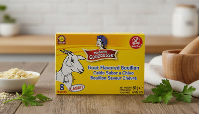 Yellow box of Cabrits goat-flavored bouillon on a gray background