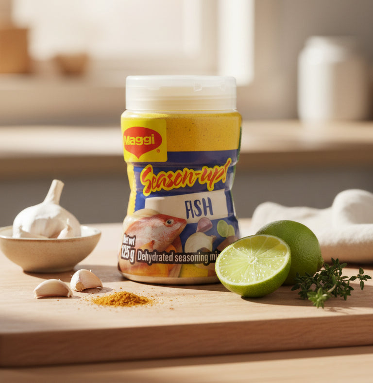 Maggi Season-It Fish seasoning mix container on a white background