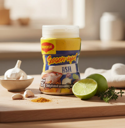 Maggi Season-It Fish seasoning mix container on a white background