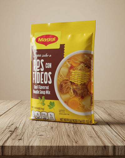 Mapa beef flavored noodle soup mix package on a white background