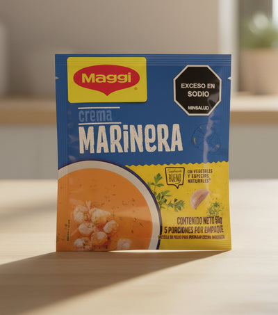 Maggi Crema Marinera packet with blue and yellow design on a white background