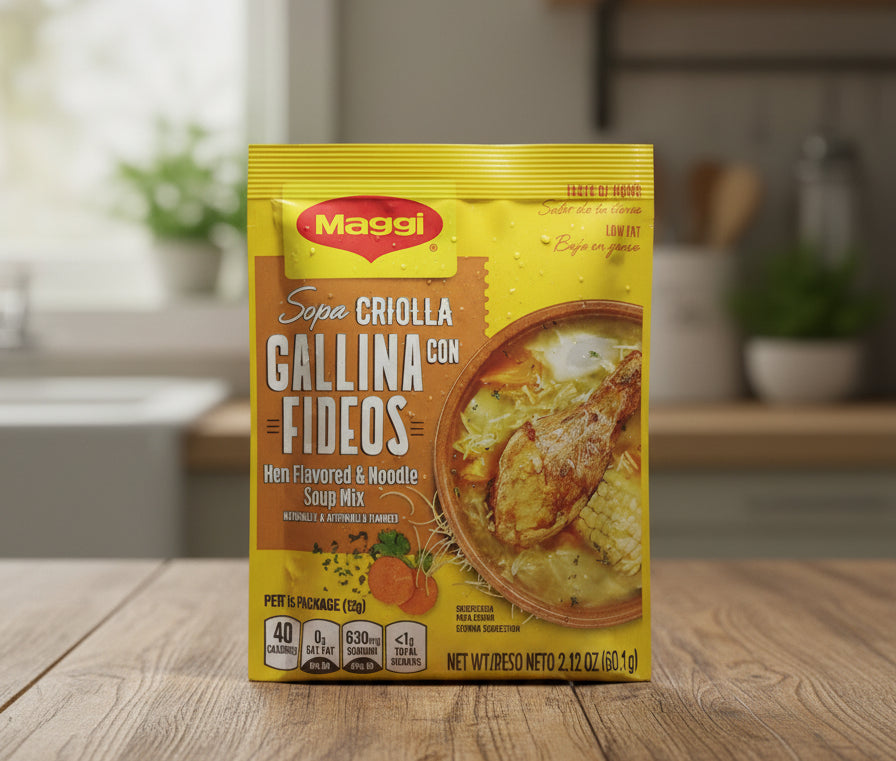 Maggi Sopa Criolla Gallina con Fideos soup mix package on a white background