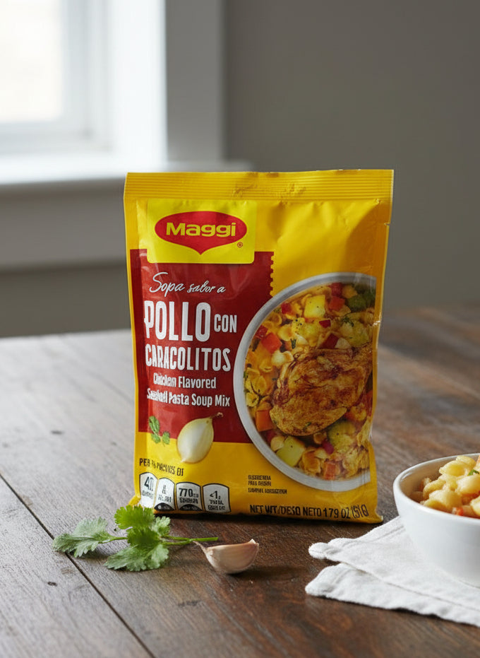 Maggi chicken flavored soup mix packaging on a white background