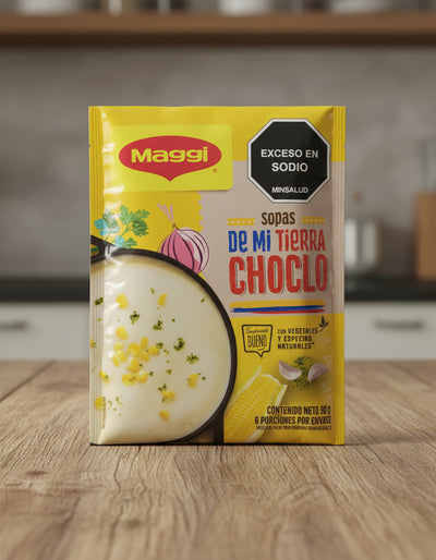 Maggi soup package with Choclo flavor on a white background