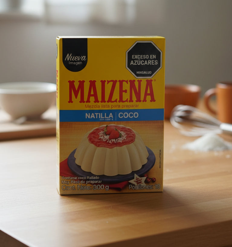 Maizena natilla coco packaging with a strawberry decoration on a black background