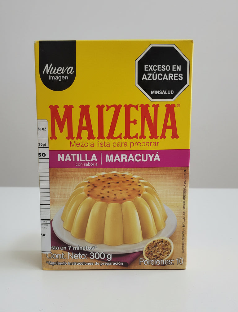 Maizena natilla maracuya packaging with a spoon on a beige surface
