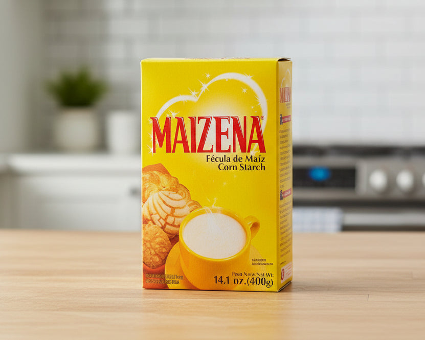 Maizena corn starch packaging with yellow background and product images.
